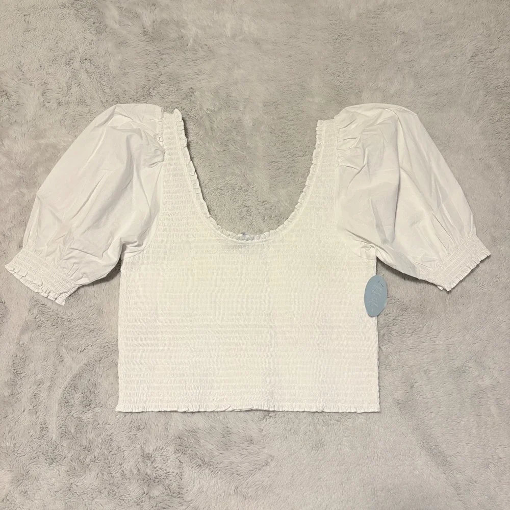 Tuckernuck Hill House Aiko Top White Smocked Puff Sleeve Blouse XL  New Cottage